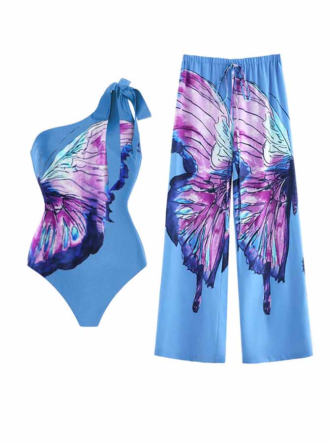 One-Shoulder Butterfly Print One-Piece Swimsuit and Cover-Up
