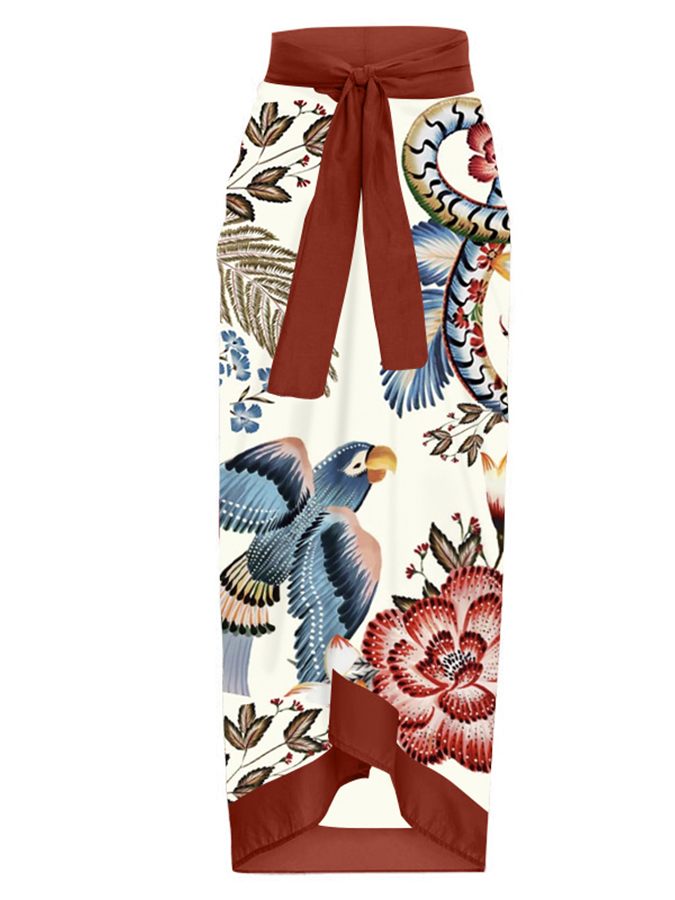 Vintage V Neck Ruffle Floral Print Swimsuit and Skirt