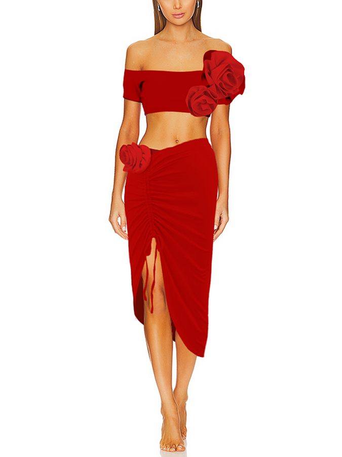 3D Flower Decor Bikini Swimsuit And Beach SKirt