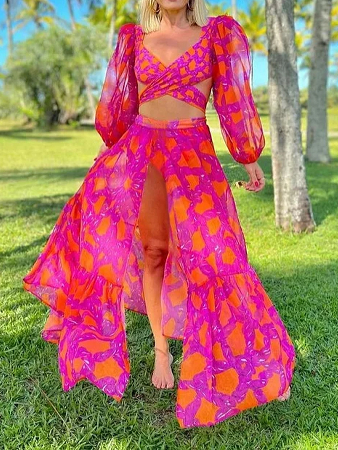 V Neck Net Yarn Long Sleeve Bikini Swimsuit and Skirt