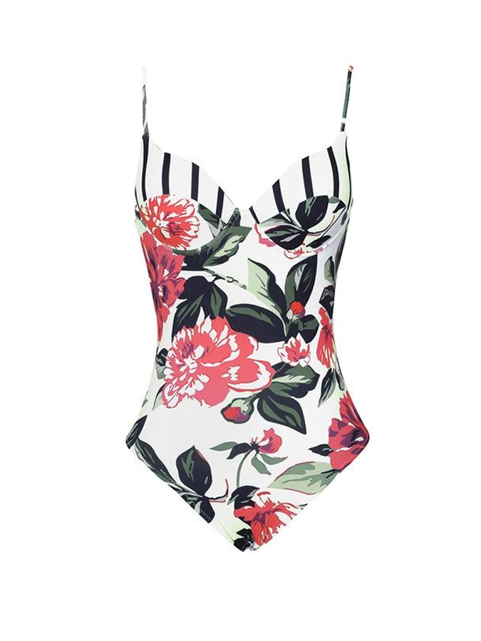 Floral Stripe Print Patchwork One-Piece Swimsuit And Cover Up