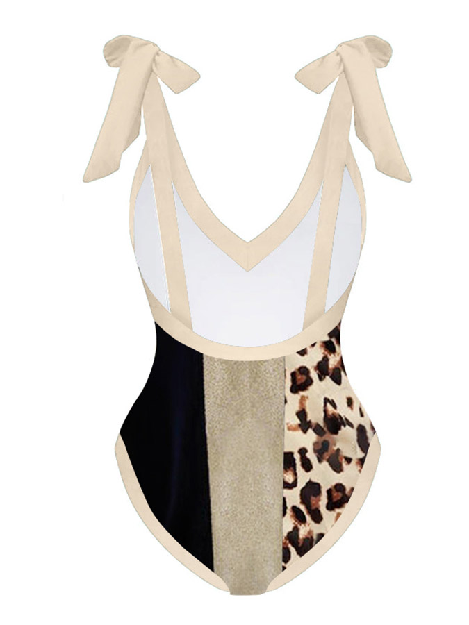 Vintage V-Neck Leopard Colorblock Print One-Piece Swimsuit