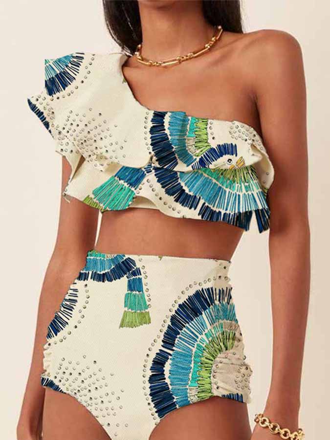 One-Shoulder Embroidered Printed Ruffled Swimsuit