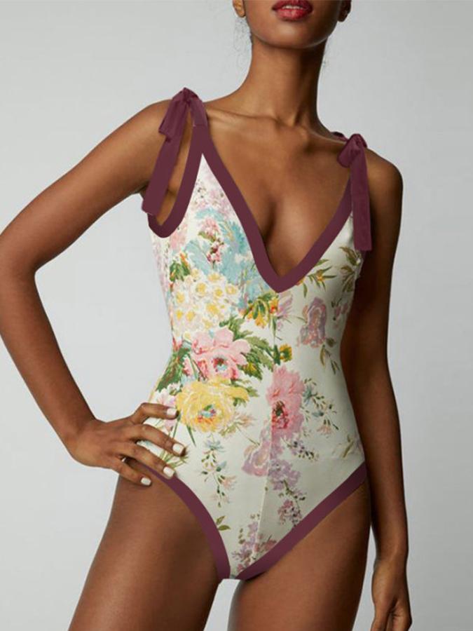 Deep V Ruffle Print Bikini Set