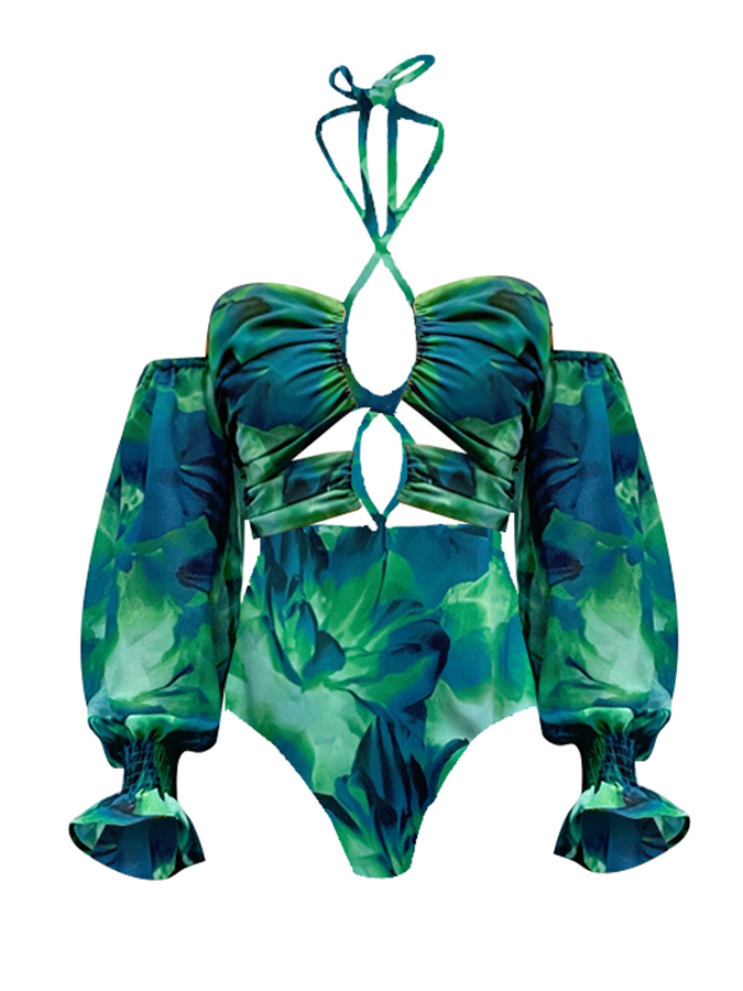 Halter Lace Up Printed Beach One Piece Swimsuit and Skirt