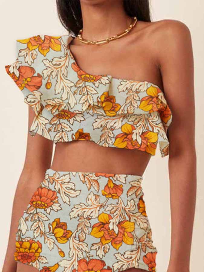 Fashion One Shoulder Ruffle Print Bikini