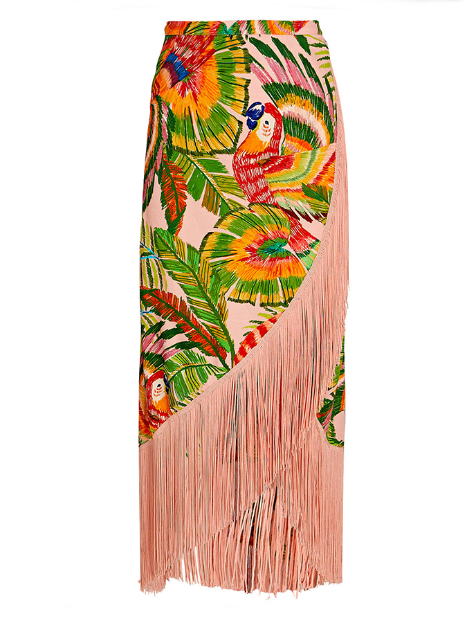 Vintage One-Shoulder Embroidered Print Bikini And Fringe Skirt