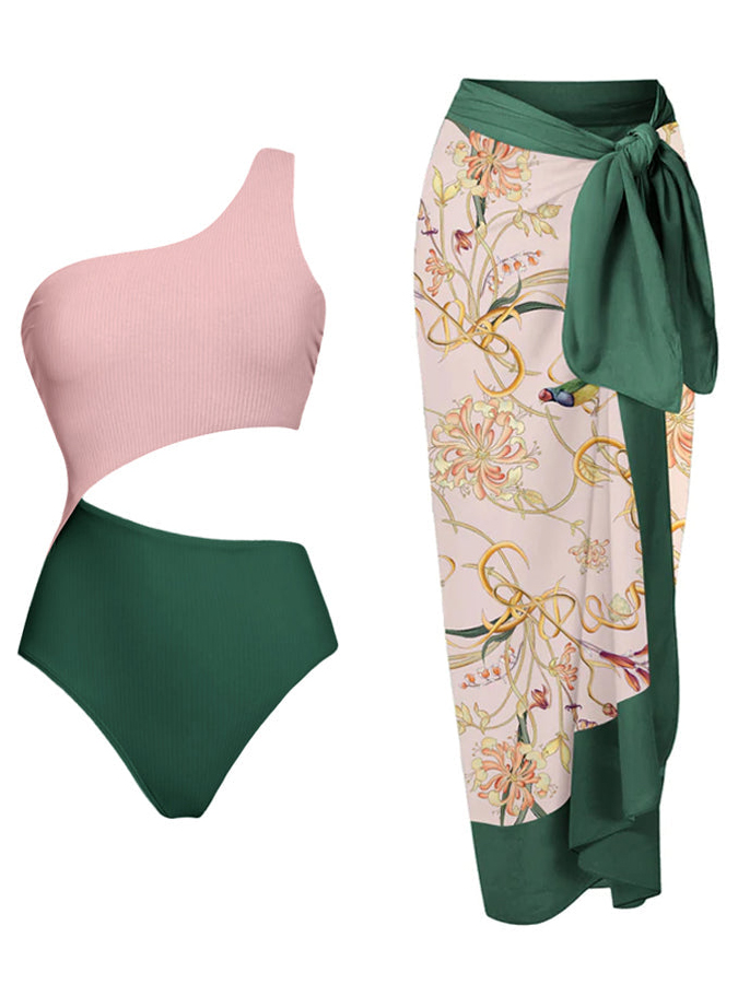 Ruffled Colorblock Print Swimsuit Set