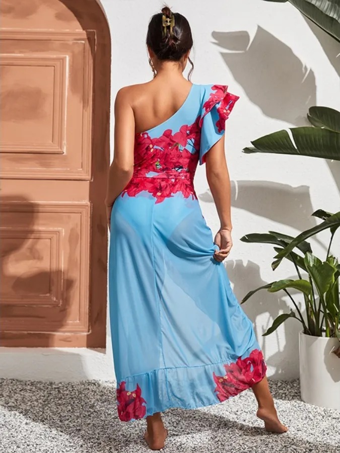 Fashion Floral Print Ruffle Colorblock One-Piece Swimsuit