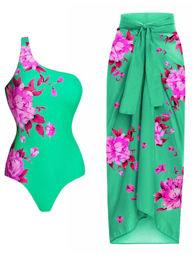 One Shoulder Floral Print Swimsuit Set