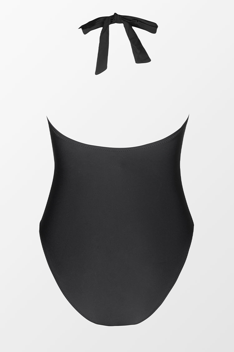 Omniscient Solid Cutout Halter Plunge One Piece Swimsuit