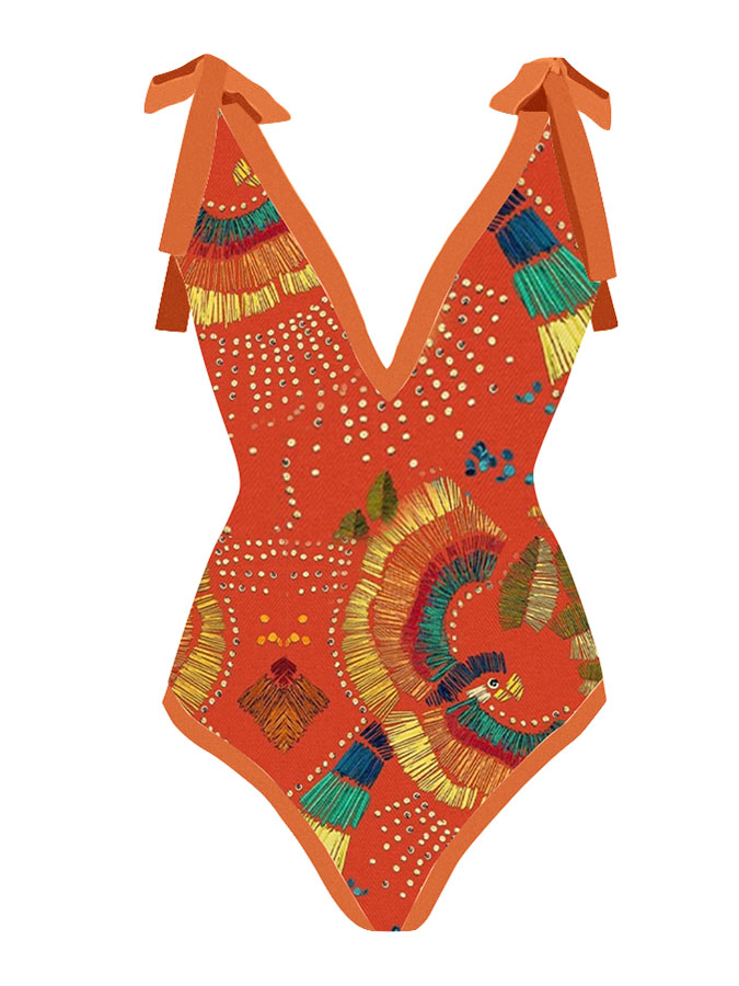 Deep V Print One Piece Swimsuit Set