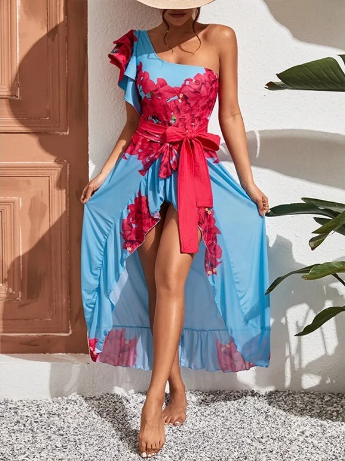 Fashion Floral Print Ruffle Colorblock One-Piece Swimsuit