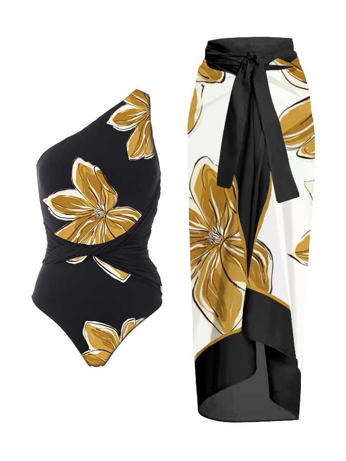 Floral Print One Shoulder One-Piece Swimsuit And Cover Up