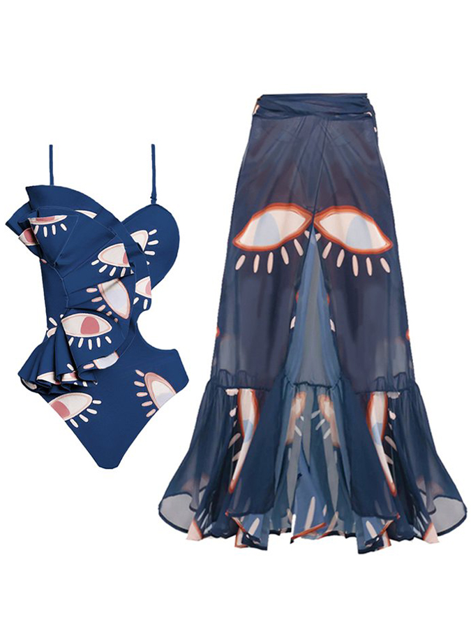 Fashion Eye Print Ruffle Beach Swimsuit