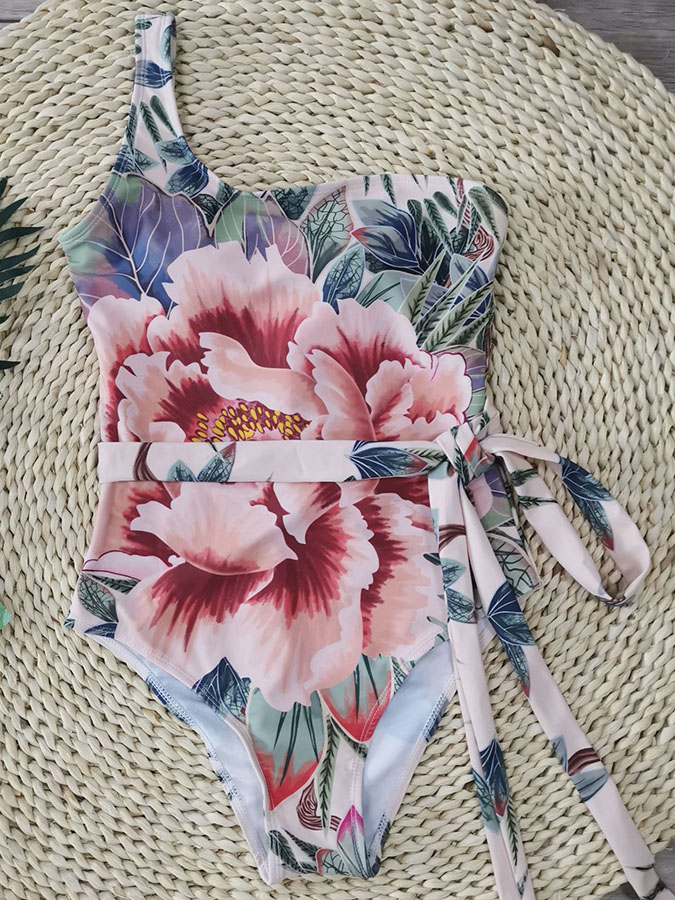 Floral Print One-Shoulder Fashion One-Piece Swimsuit