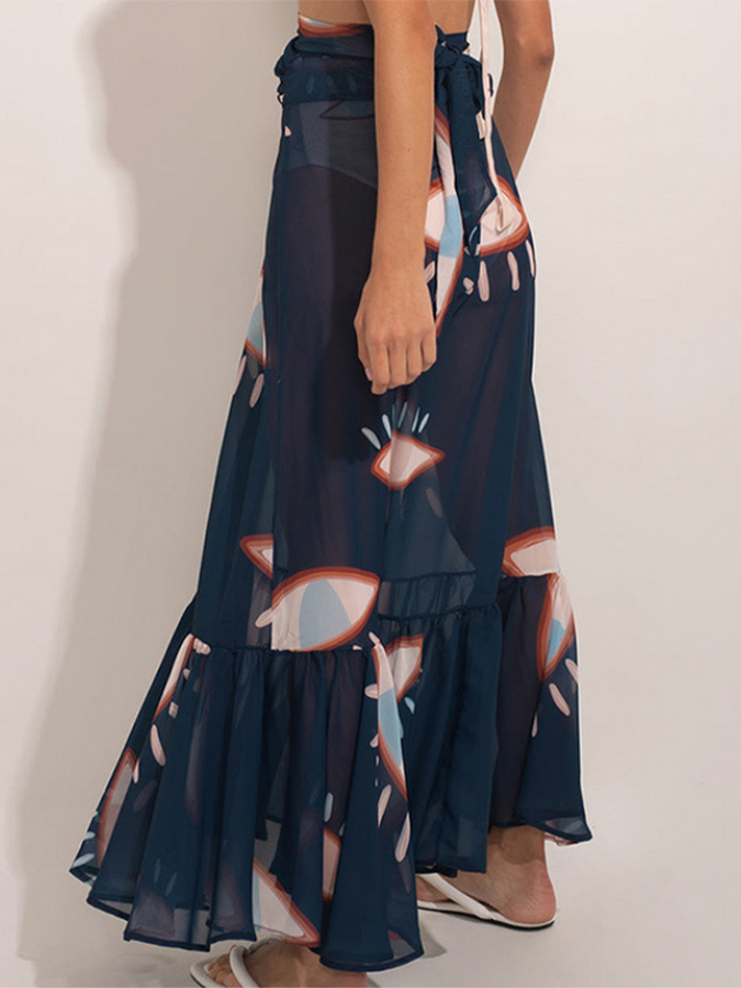 Fashion Eye Print Ruffle Beach Swimsuit