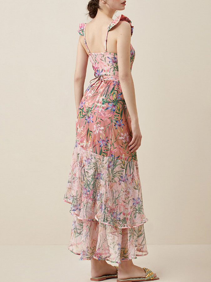 Floral Print One Piece Swimsuit and Mesh Splicing Sarong