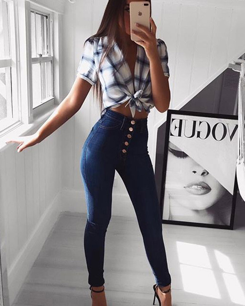 Vaqueros pitillo elásticos nuevos con cintura alta y realce de cadera