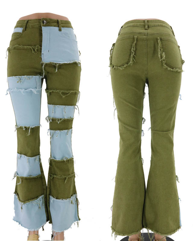 Fashionable Double Color Patchwork High Waist Tight Hip Flared Women's Denim Trousers