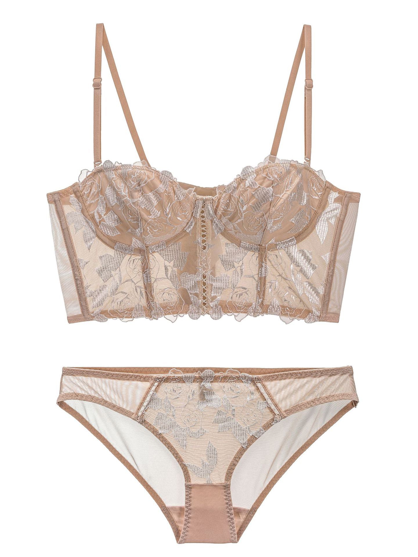 Conjunto de sujetador largo de encaje de corte francés bordado rosa se