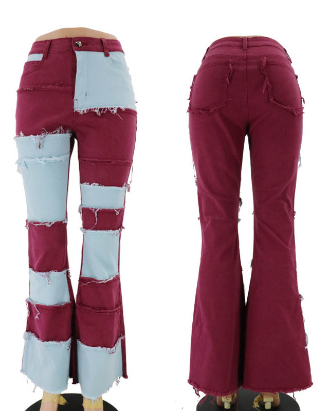 Fashionable Double Color Patchwork High Waist Tight Hip Flared Women's Denim Trousers