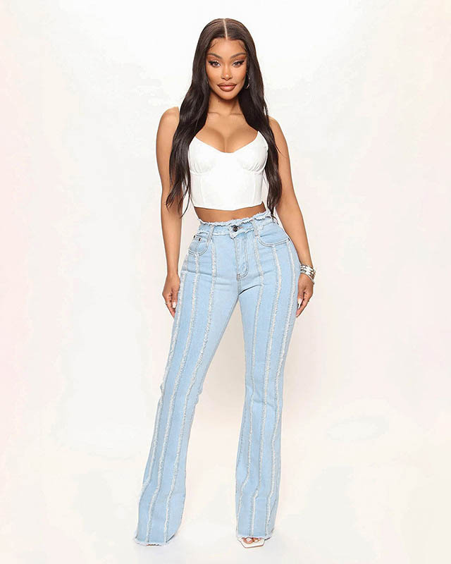 Pantalones de mezclilla con rayas de borde sin rematar y cintura alta 