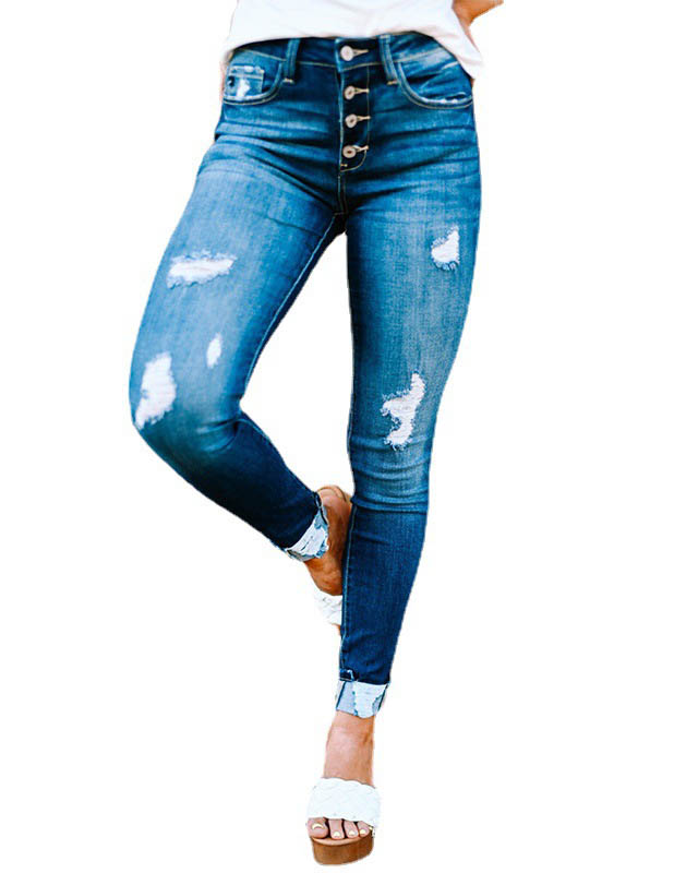 Pantalones vaqueros ajustados rasgados de mujer con botones lavados aj