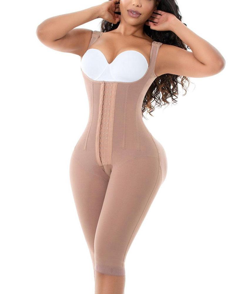Women"s Compression Garment Three-Breasted Hook-Eye Shapewear Knee Length With Corset Boning