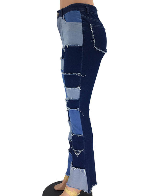 Fashionable Double Color Patchwork High Waist Tight Hip Flared Women's Denim Trousers