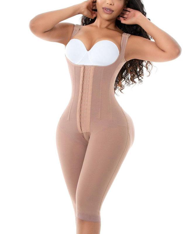 Women"s Compression Garment Three-Breasted Hook-Eye Shapewear Knee Length With Corset Boning