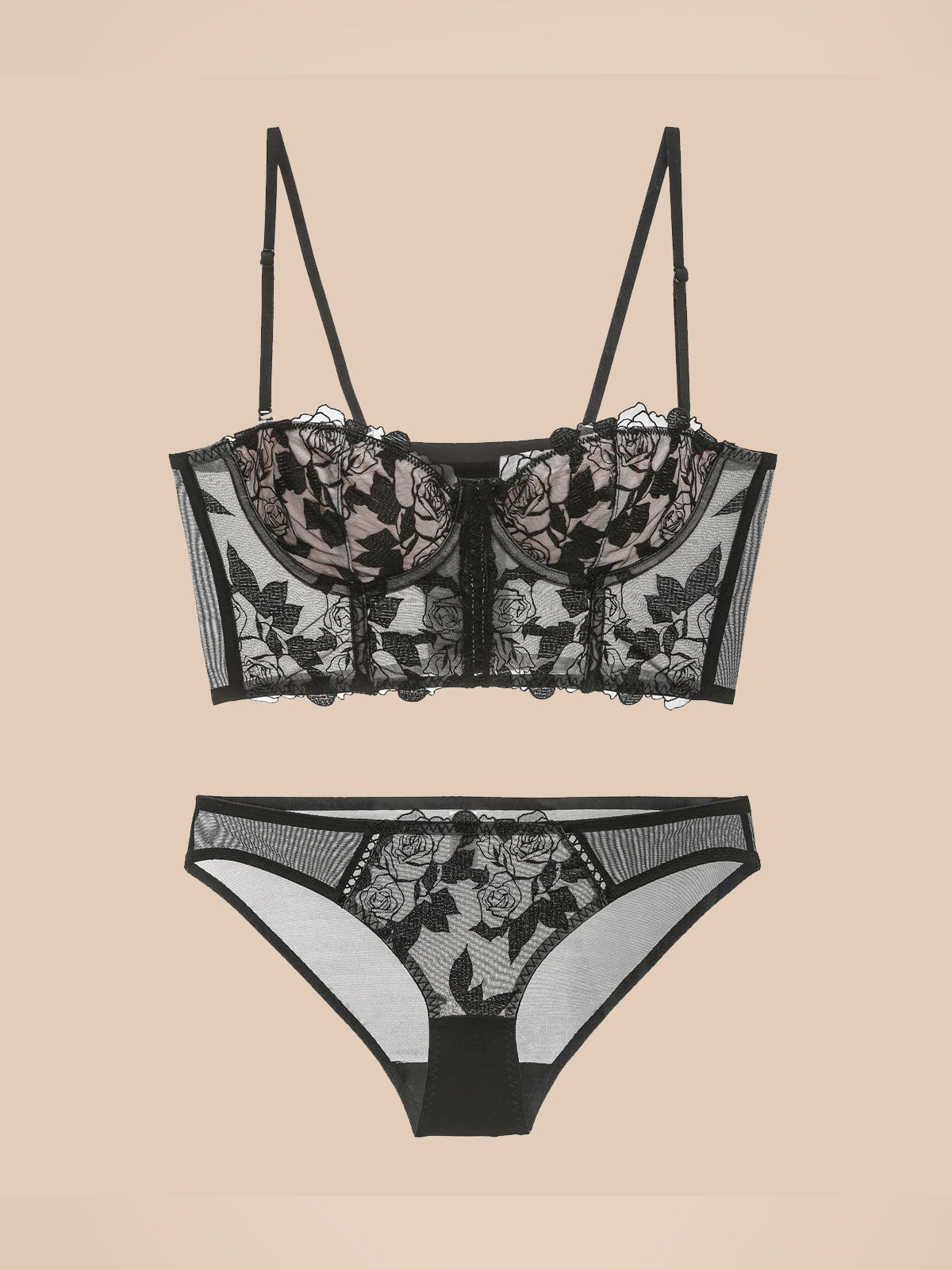 Conjunto de sujetador largo de encaje de corte francés bordado rosa se