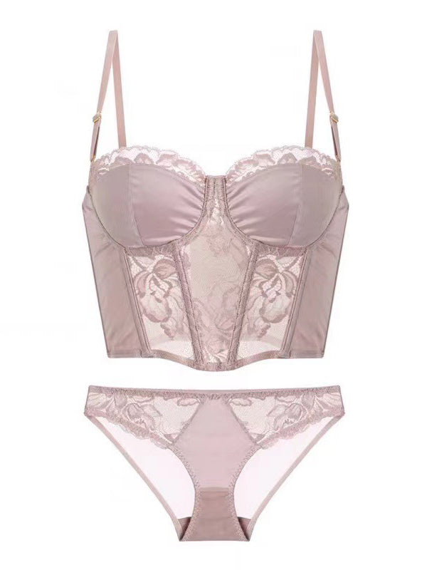 Conjunto de sujetador de encaje de satén largo francés ropa interior