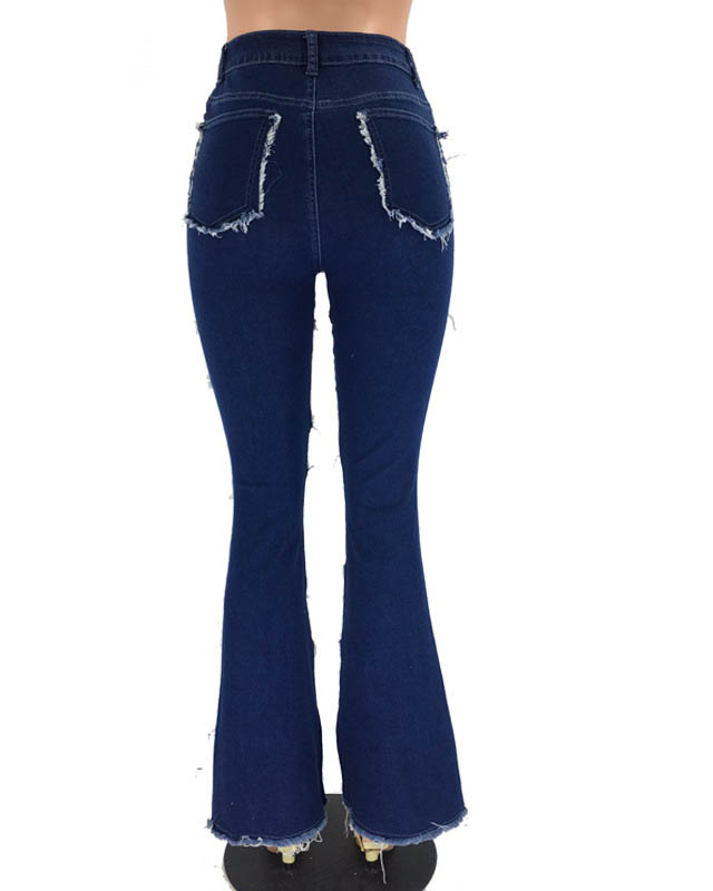 Fashionable Double Color Patchwork High Waist Tight Hip Flared Women's Denim Trousers