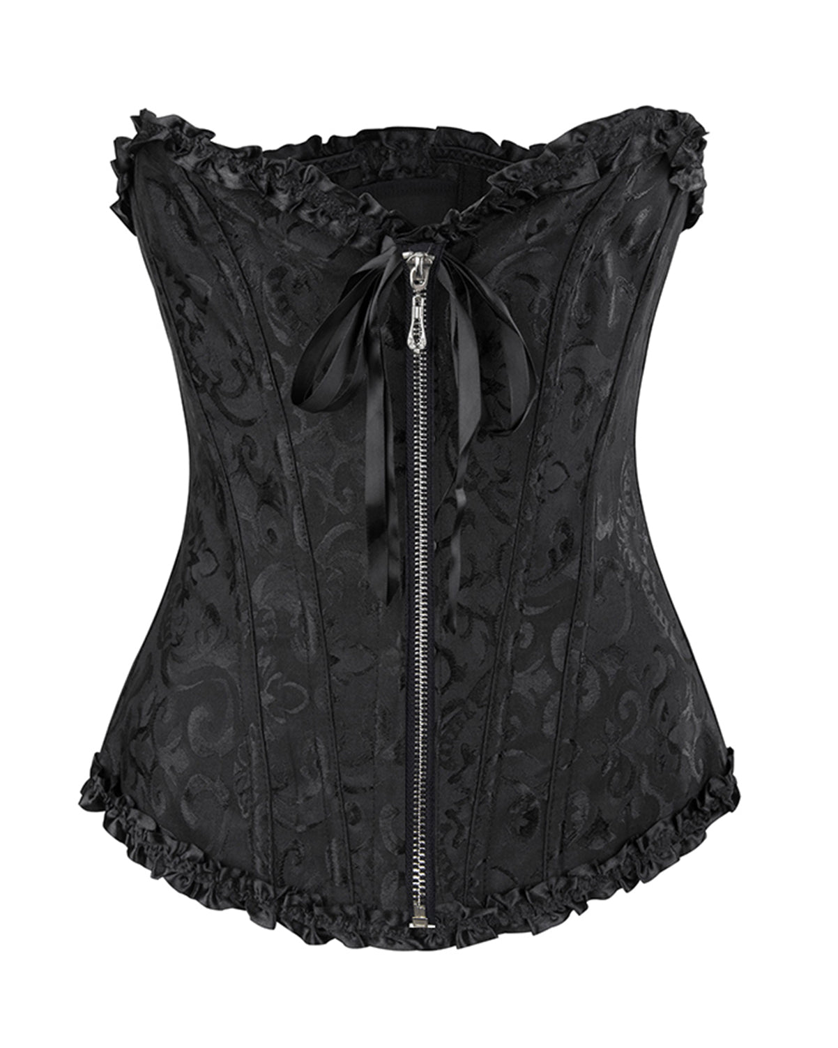 Corsé largo con patrón de brocado rojo con cinchas en la cadera