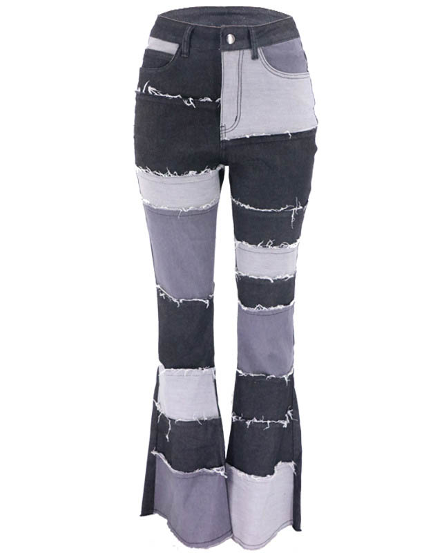 Fashionable Double Color Patchwork High Waist Tight Hip Flared Women's Denim Trousers