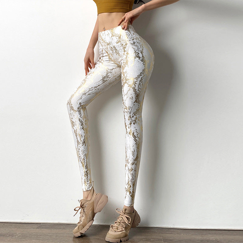 Leggings de piel de serpiente bronceada de cintura alta para mujer