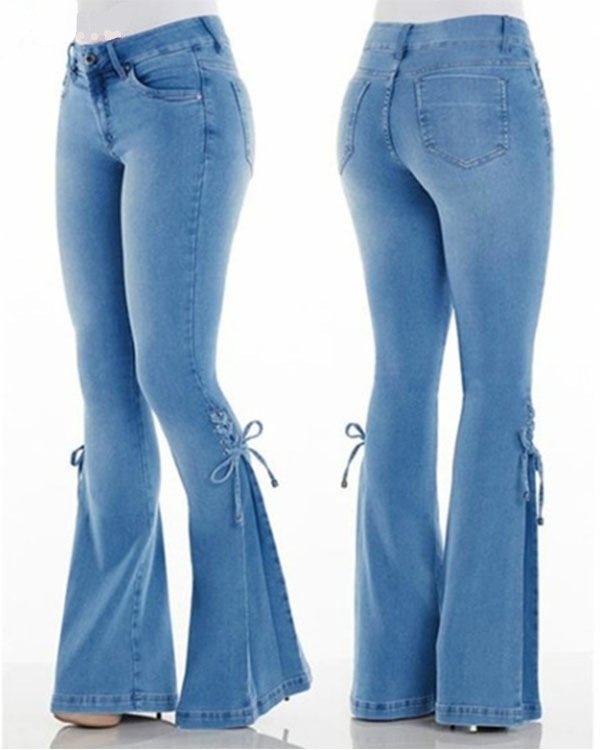 Pantalones de mezclilla de tiro medio con lazo jeans elásticos pantalo