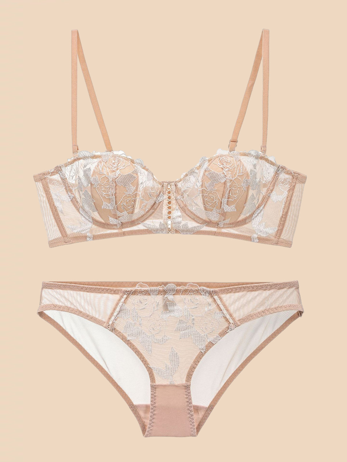 Conjunto de ropa interior con sujetador bordado rosa