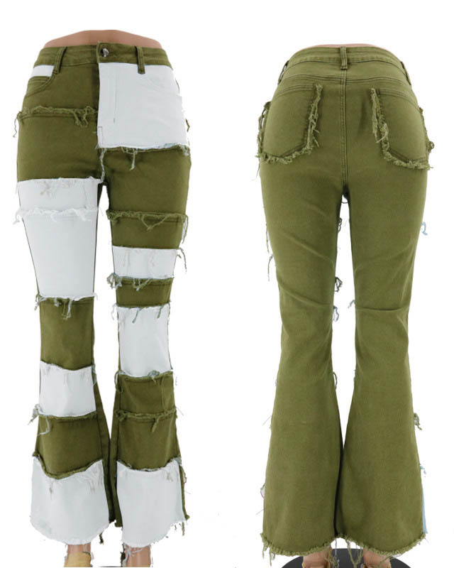Fashionable Double Color Patchwork High Waist Tight Hip Flared Women's Denim Trousers