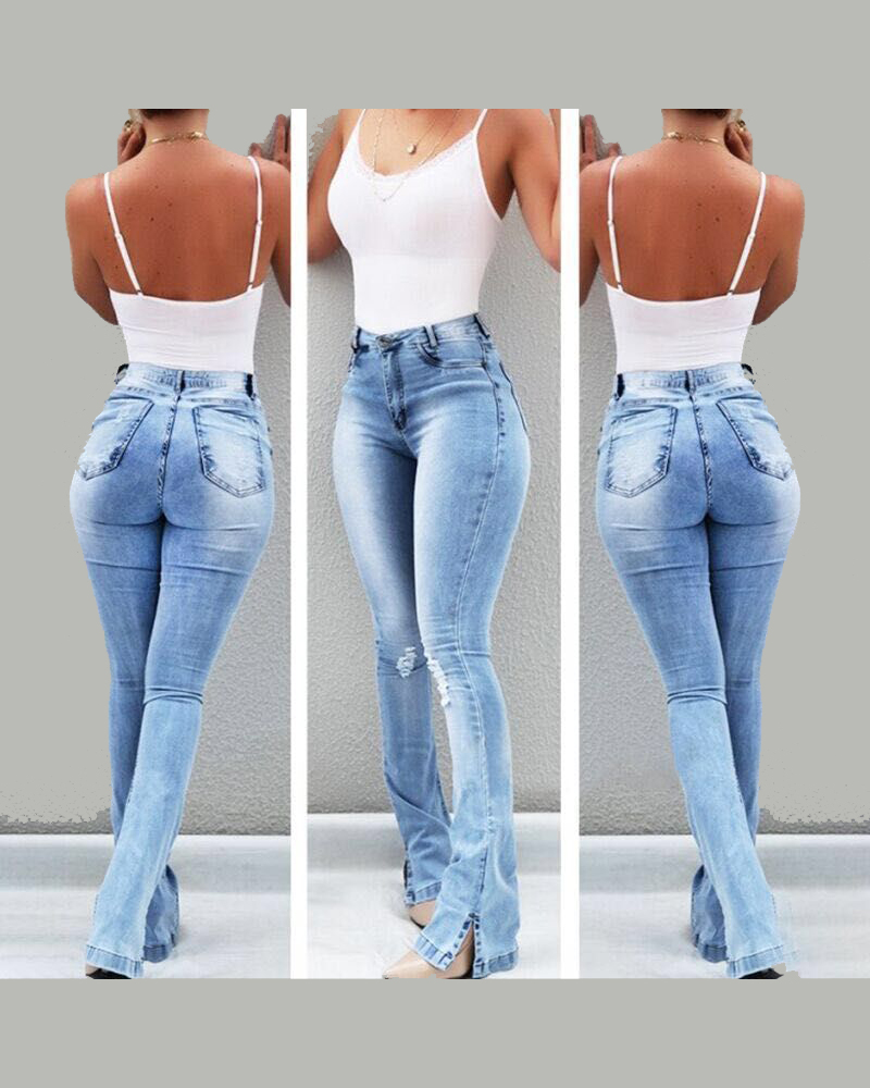 Elastic Slit Flared High Waist Jeans Women's Trousers