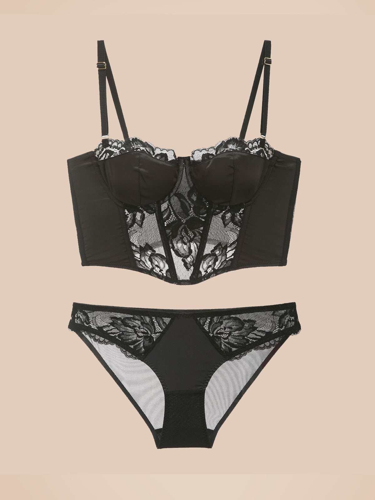 Conjunto de sujetador de encaje de satén largo francés ropa interior