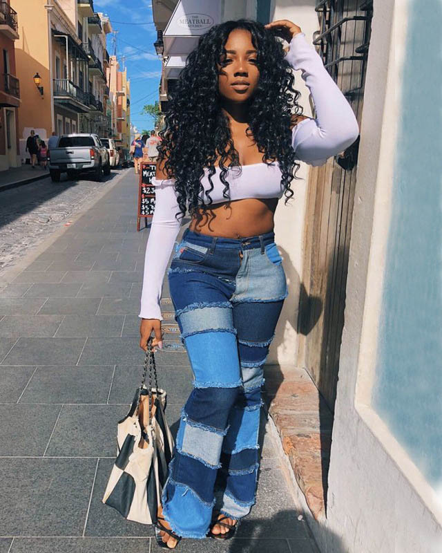 Fashionable Double Color Patchwork High Waist Tight Hip Flared Women's Denim Trousers