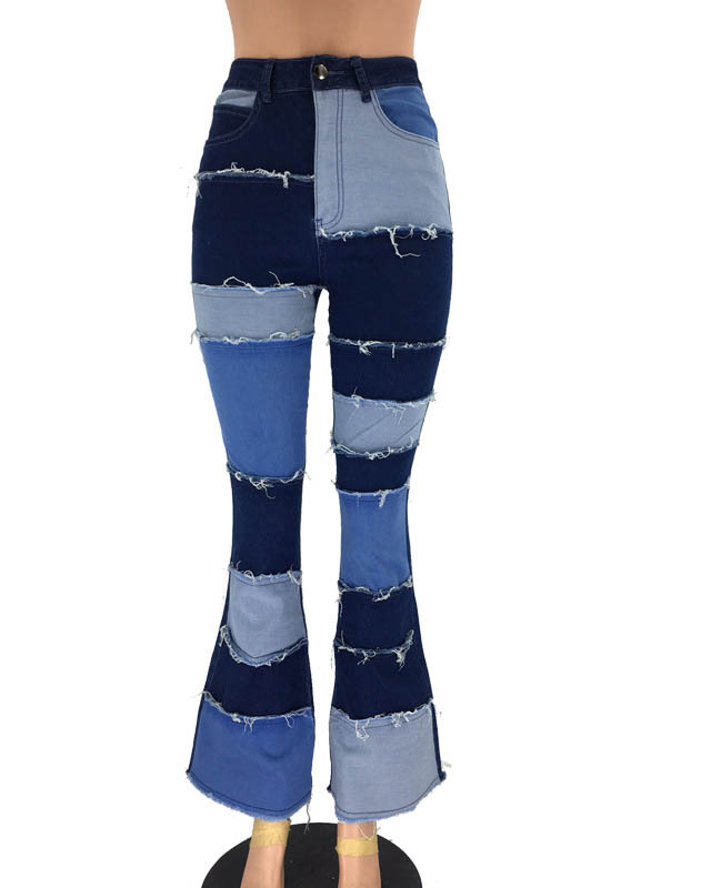 Fashionable Double Color Patchwork High Waist Tight Hip Flared Women's Denim Trousers