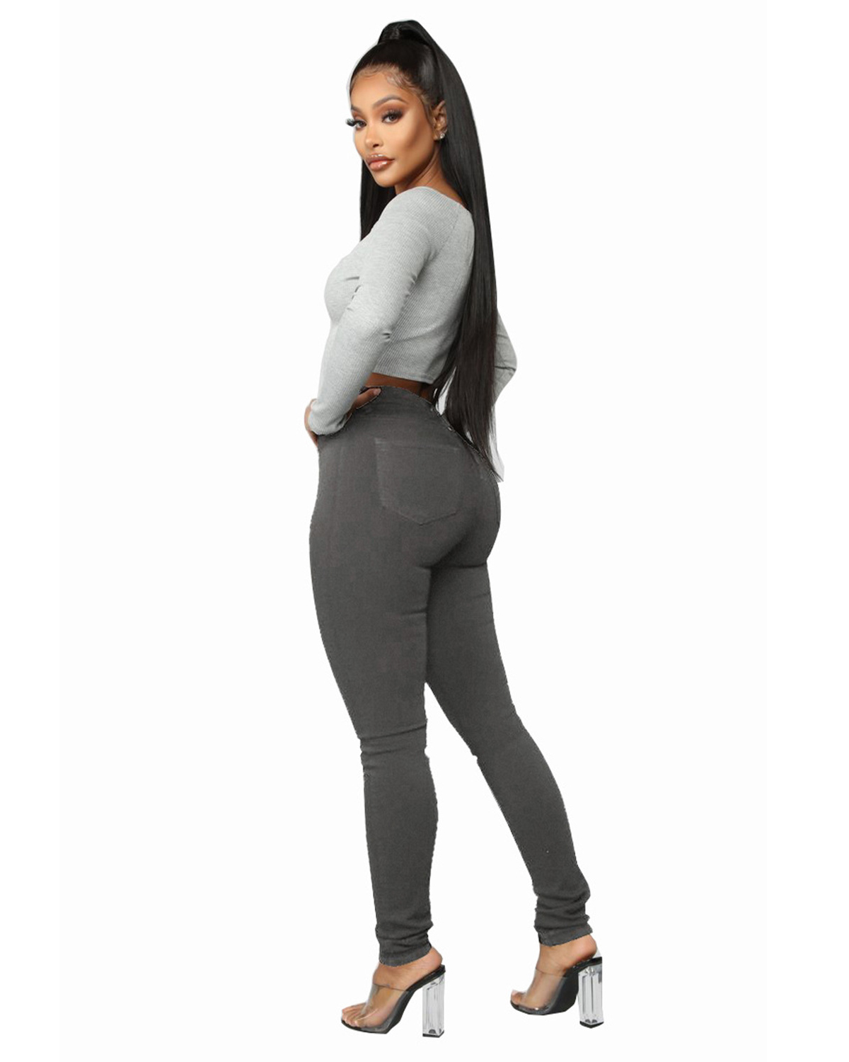 Vaqueros pitillo elásticos nuevos con cintura alta y realce de cadera