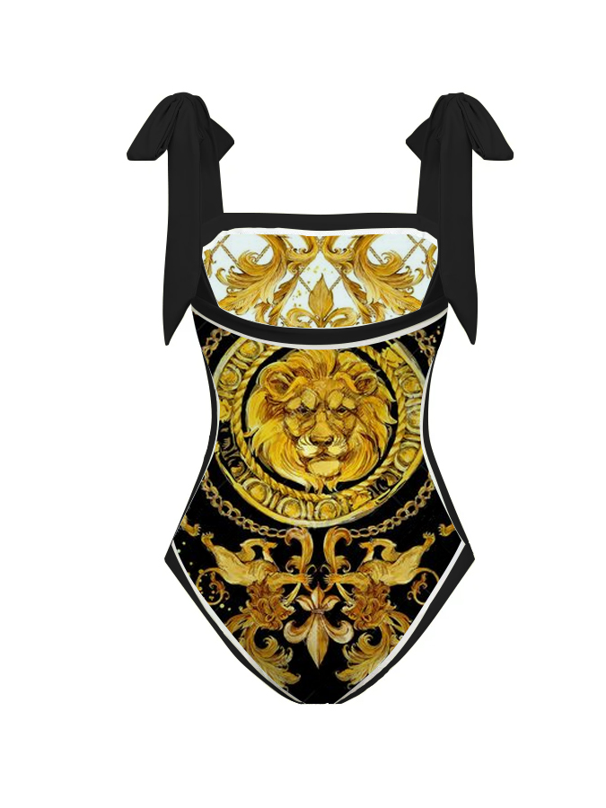 Gold Lion Pattern Print Reversible One Piece Swimsuit And Cover up