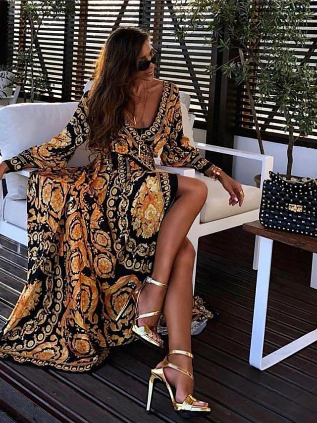 Women Retro Dresses Bohemian Floral Print Gold Color Deep V Neck Maxi Dress