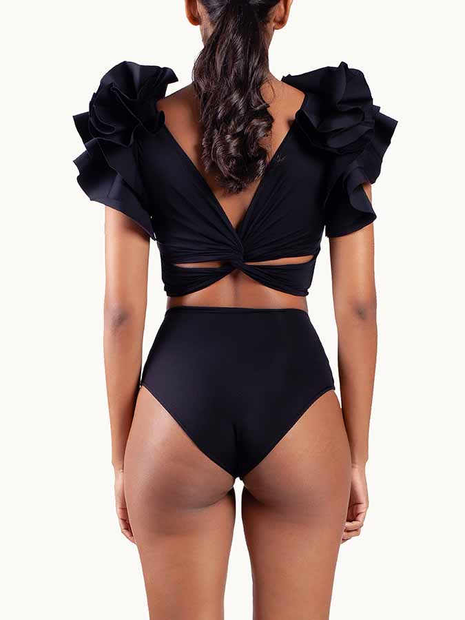 Solid Ruffle V-Neck Bikini