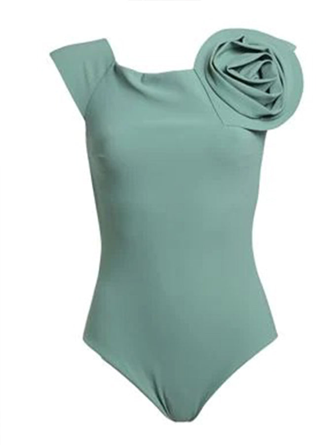 3D Flower Solid Color Open Back One Piece Swimsuit