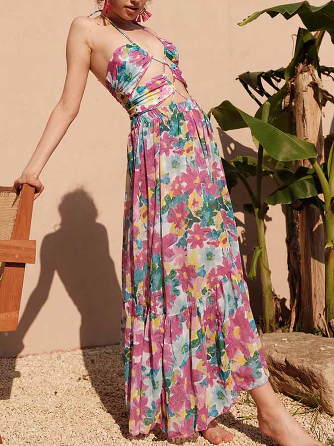 Printed Cutouts Tie One Piece Swimsuit and Skirt